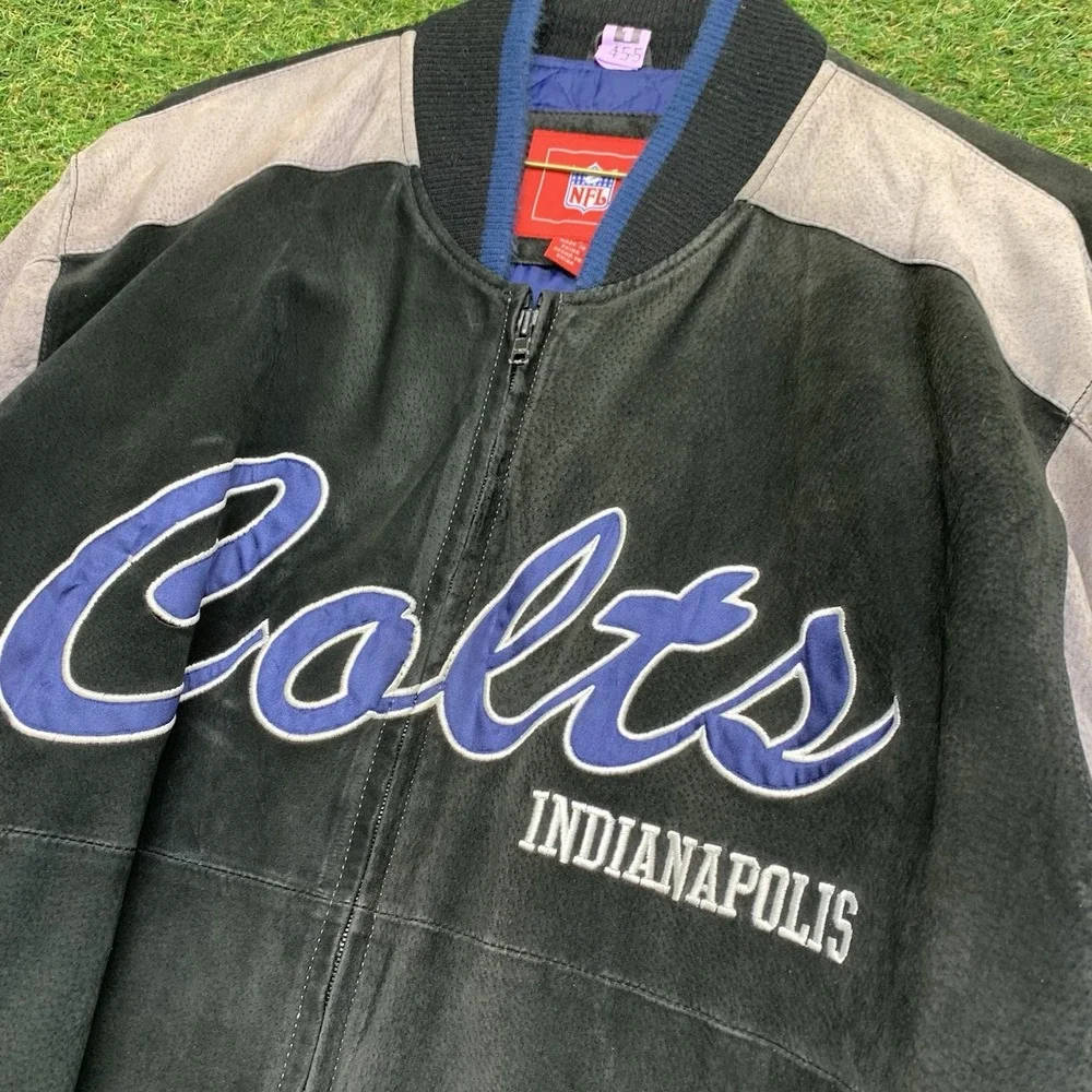 Vintage Indianapolis Colts Leather Jacket Mens Large Suede Black Heavy Full Zip